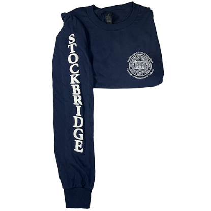 Blue Long Sleeve T-Shirt with Stockbridge Seal in White and "Stockbridge" down right arm
