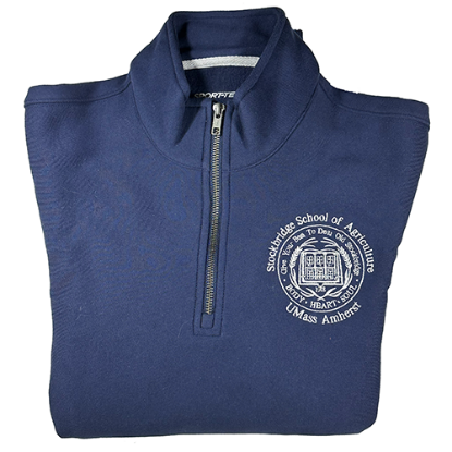 Blue Quarter-Zip Sweatshirt with white seal, collar closed