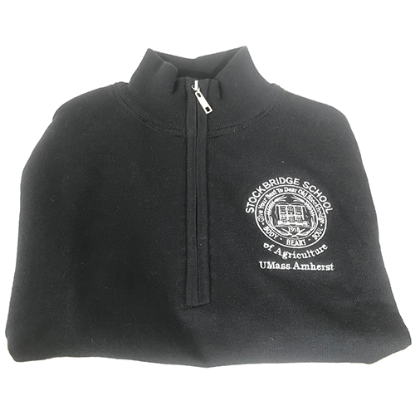 Dark blue Quarter-Zip Sweater with Stockbridge seal in white