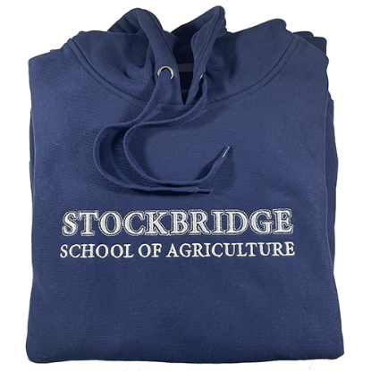Blue Hoodie sweatshirt with full name of school in white block letters
