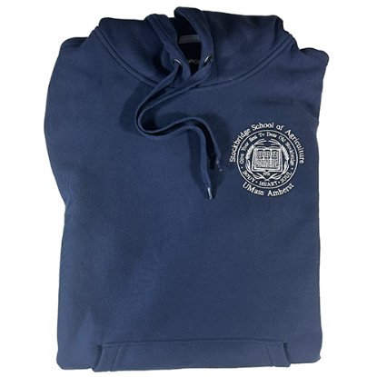 Blue hoodie sweatshirt with Stockbridge seal in white