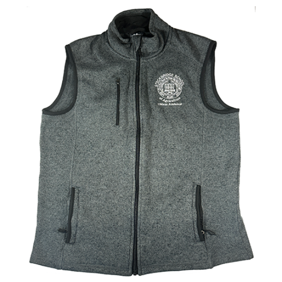 Gray fleece vest with closed collar and Stockbridge seal embroidered in white