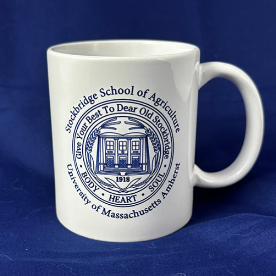 White coffee mug with Stockbridge Seal printed in blue